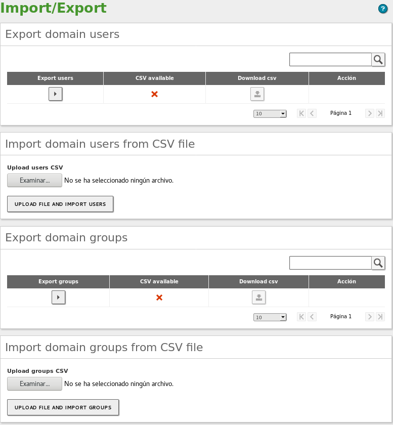Opciones de importación y exportación de usuarios en una Edición Comercial
