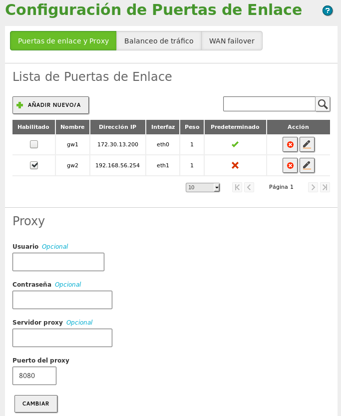 Configuración de las puertas de enlace