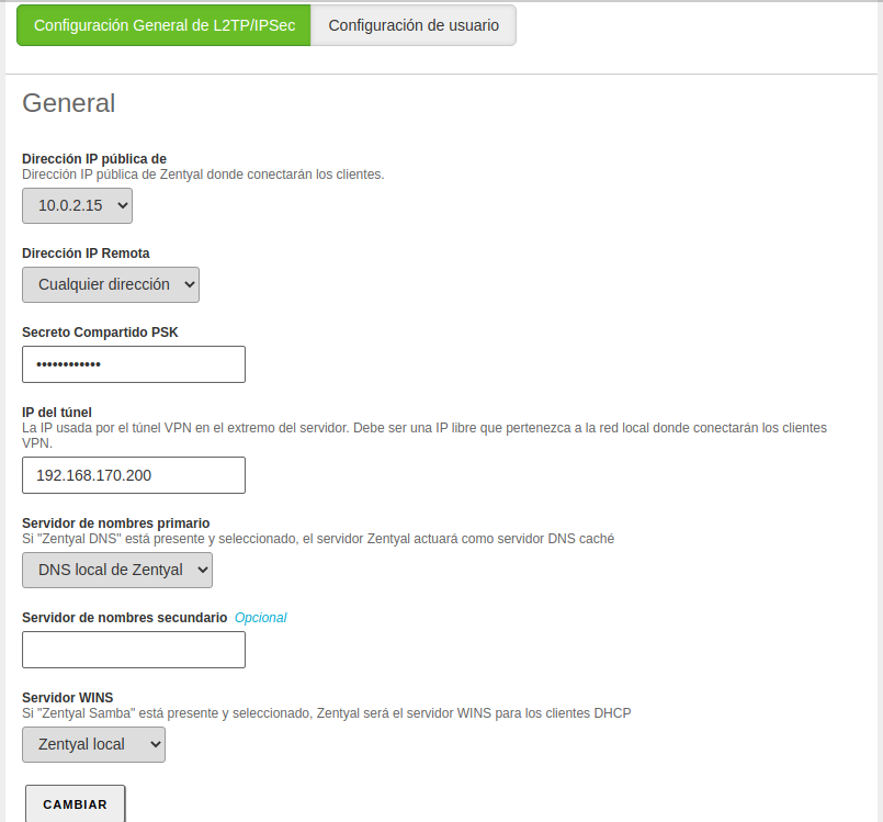 Configuración General de L2TP/IPsec