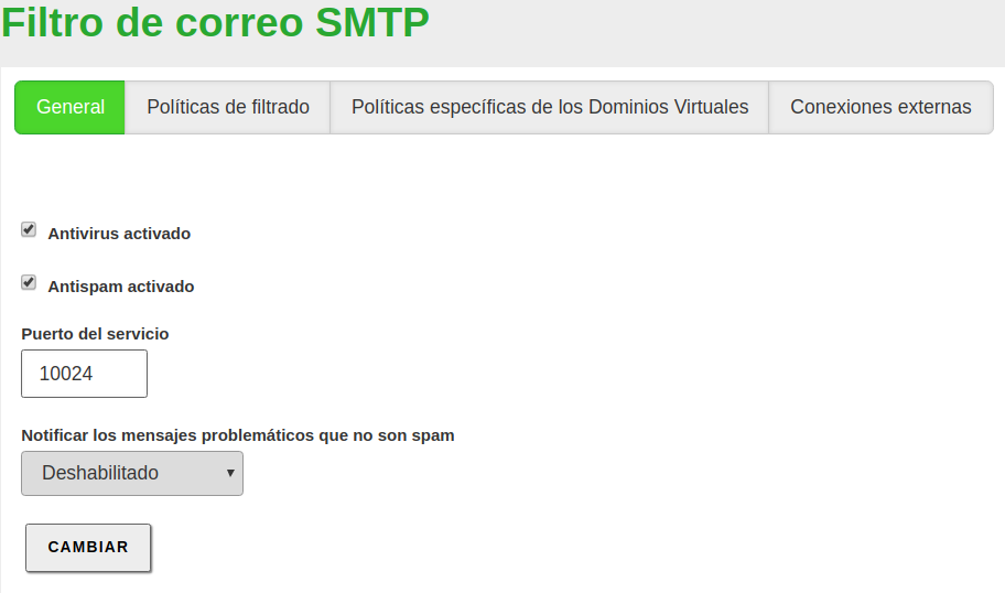 Parámetros generales para el filtro SMTP