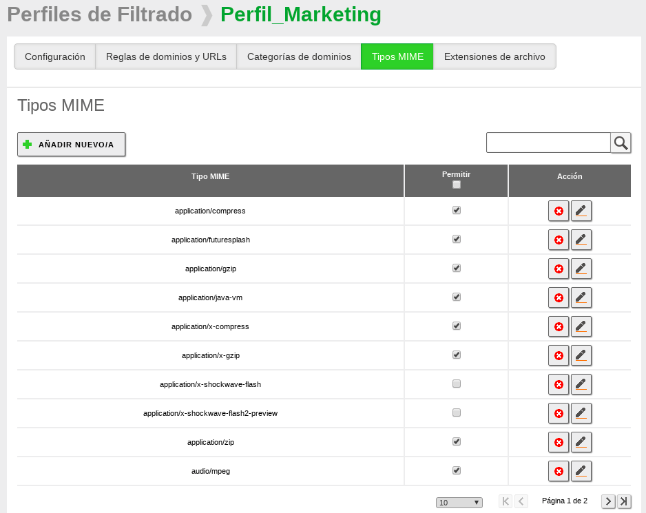 Filtro de tipos MIME