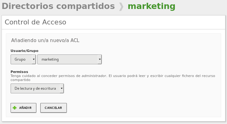 Añadiendo una nueva ACL (Access Control List, Lista de control de acceso)