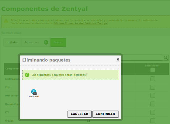 Desinstalación de componentes de Zentyal