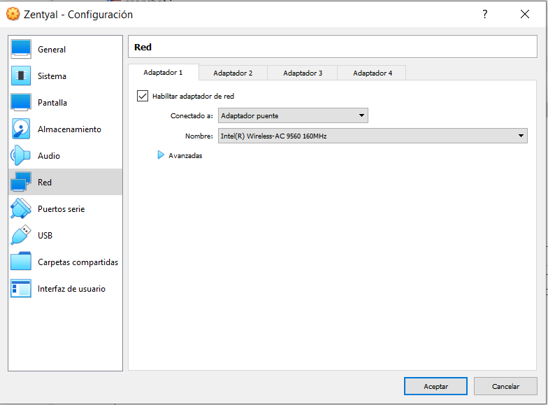 Configuración de red 1 en VirtualBox