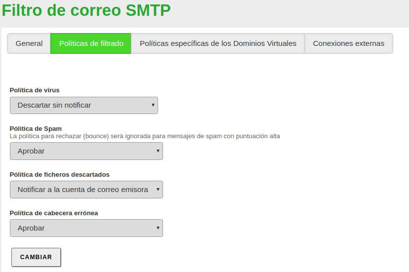 Políticas del filtrado SMTP