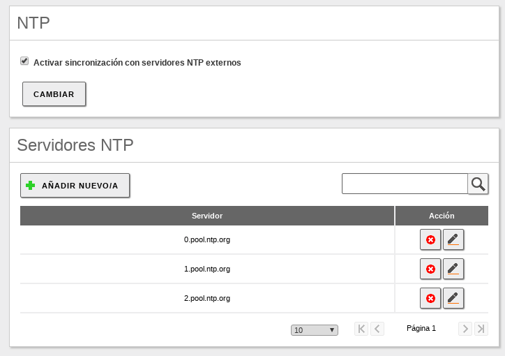 Configuración y servidores externos para NTP
