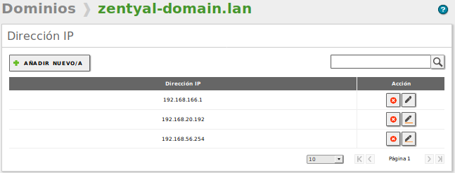 Direcciones IP del dominio zentyal-domain.lan